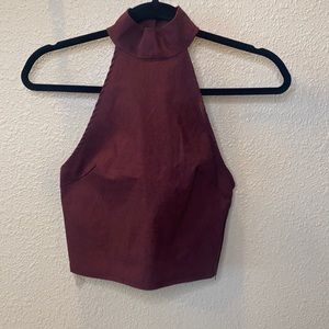 Burgundy high neck crop top with cross cross back